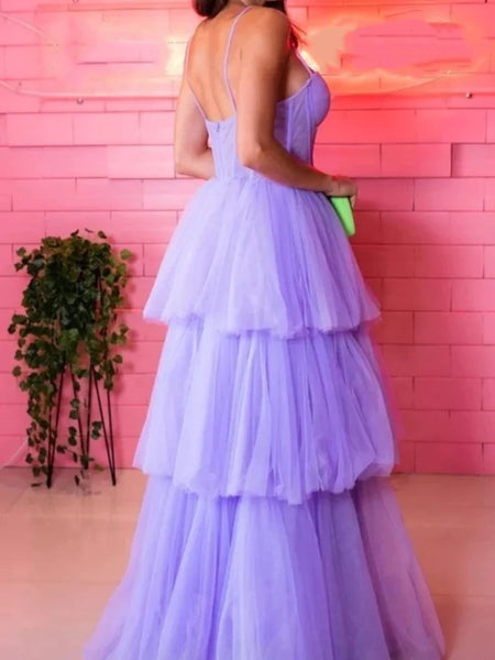 Sweetheart Neck Open Back Layered Purple Tulle Long Prom Dresses， Lavender Formal Dresses, Lilac Evening Dresses