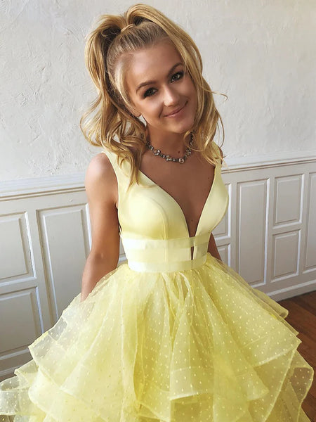V Neck Yellow Prom Gown, V Neck Yellow Prom Dresses Formal Graduation Dresses
