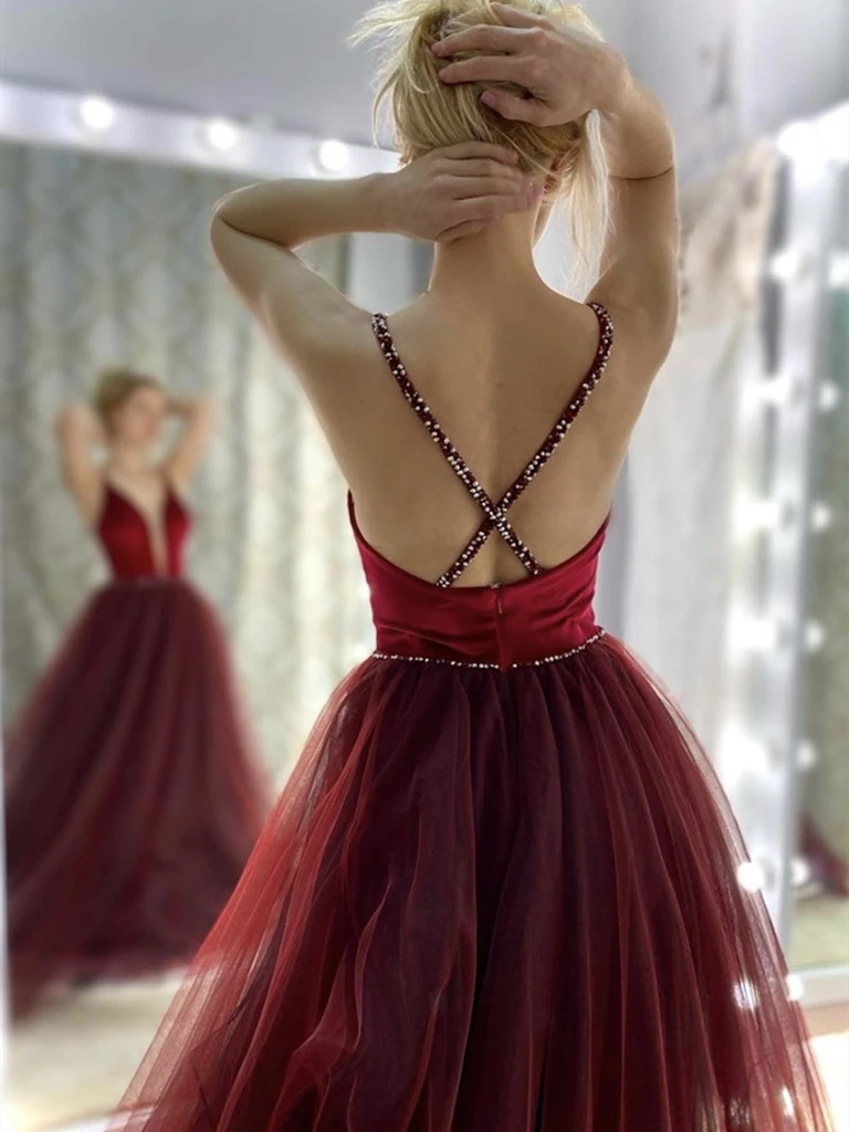 Sexy Deep V Neck Open Back Burgundy Long Tulle  Prom Dresses,  Wine Red Backless Long Formal Evening Dresses
