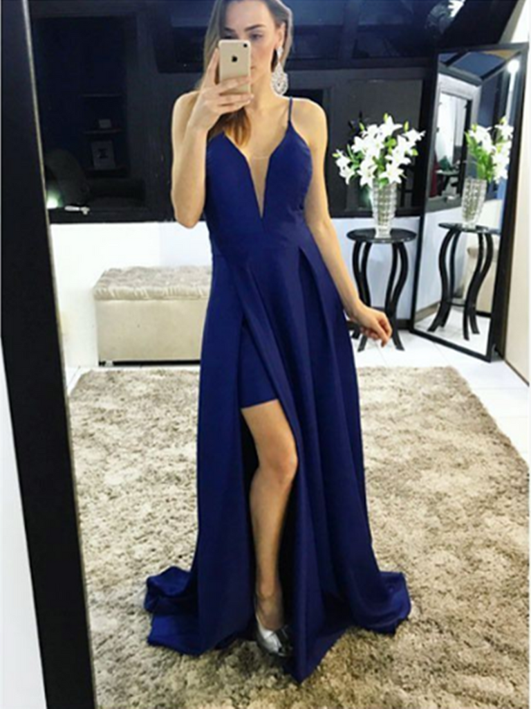 Deep V Neck Navy Blue High Slit Satin Long Prom Dresses, Deep V Neck Navy Blue High Slit Satin Long Evening Dresses