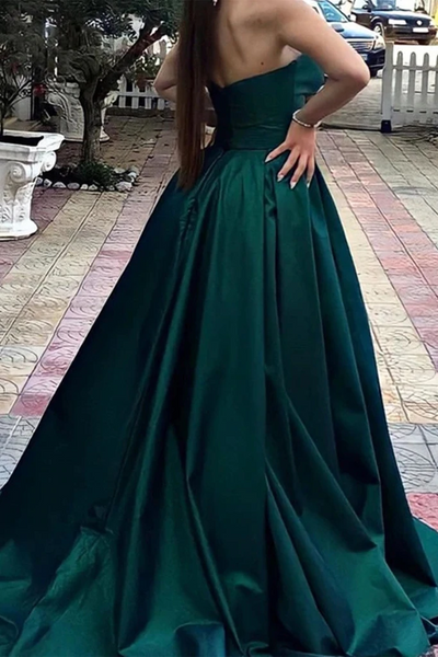 V Neck Strapless Green Satin Long Prom Dresses, V Neck Green Formal Graduation Evening Dresses