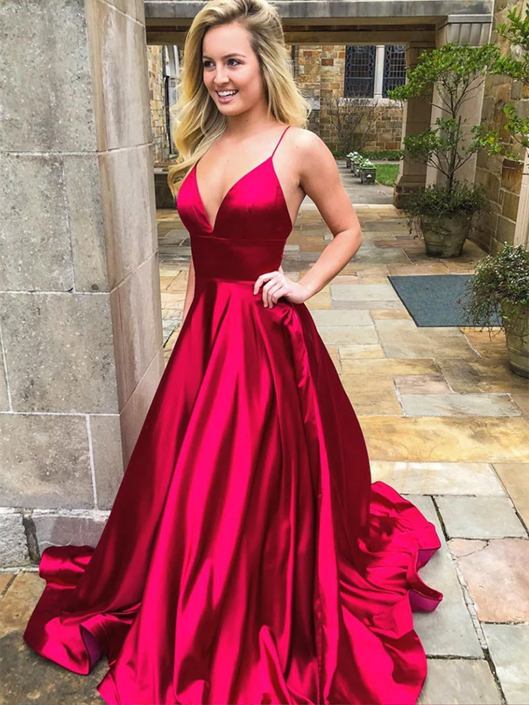 Simple V Neck Burgundy Satin Long Prom Dresses, V Neck Burgundy Satin morievent Simple V Neck Burgundy Satin Long Prom Dresses, V Neck Burgundy Satin morievent