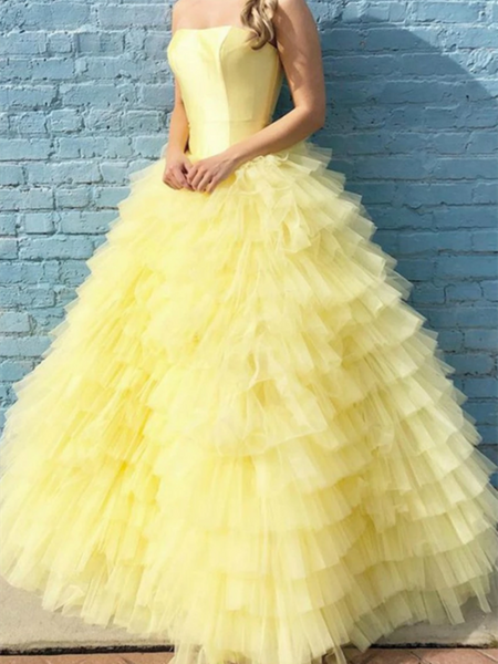 Yellow Ball Gown Strapless Satin Tulle Tiered Floor Length Prom Dresses，Yellow Ball Gown Strapless Satin Tulle Formal Evening Dresses
