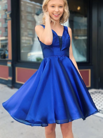 A Line V Neck Royal Blue Short Prom Dresses, V Neck Royal Blue Homecoming Dresses, Short Royal Blue Formal Evening Dresses