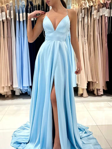 V Neck Blue Satin Long Prom Dresses, Simple Blue Satin Long Formal Evening Dresses