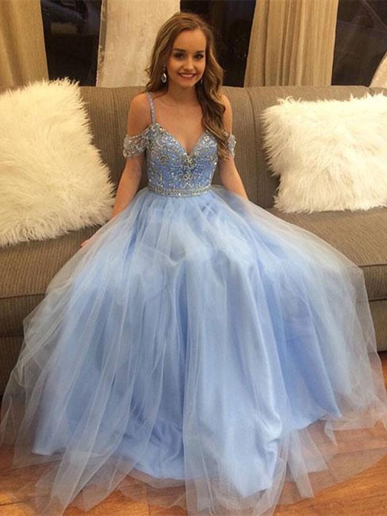 V Neck Blue Off Shoulder Tulle Long Prom Dress, Blue Off The Shoulder Formal Evening Dress V Neck Blue Off Shoulder Tulle Long Prom Dress, Blue Off The Shoulder Formal Evening Dress