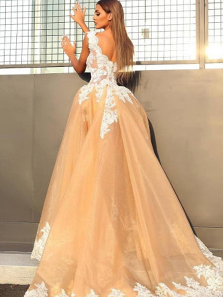 A-Line Sleeveless V-neck Sweep/Brush Train Lace Organza Prom Dress,  V-neck Lace Evening Dress