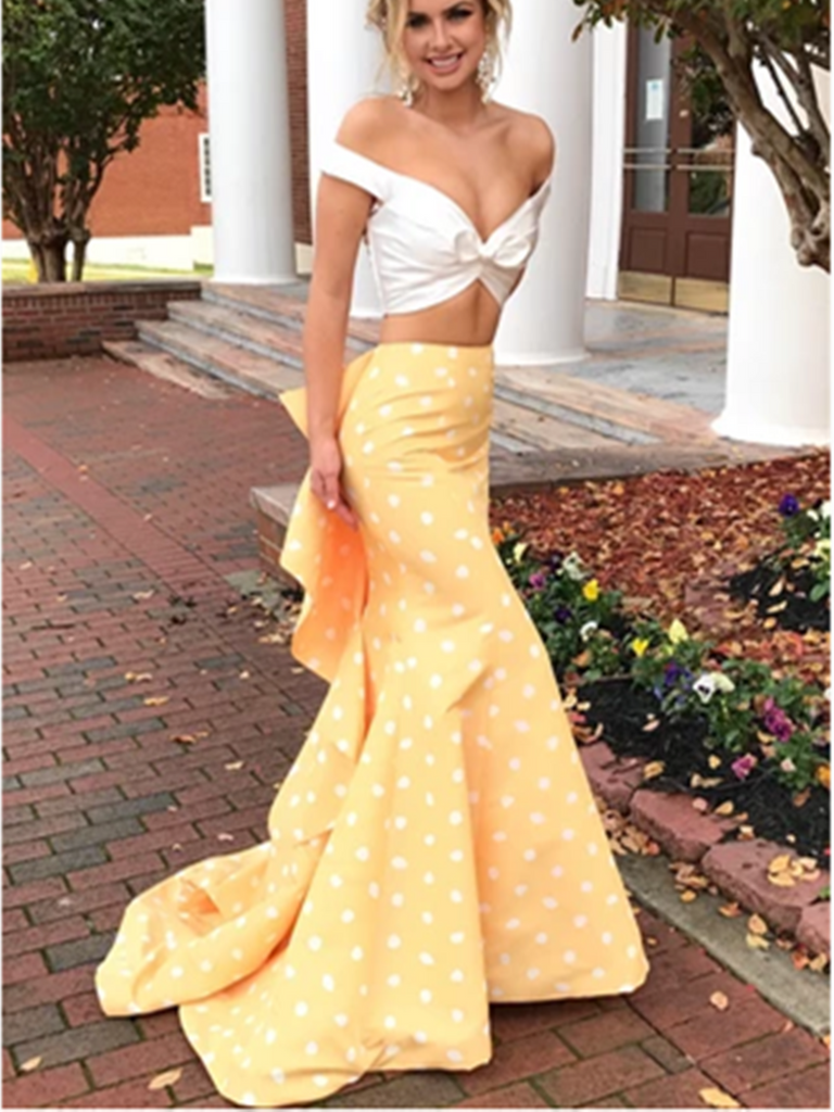 Sexy Two Pieces Off the Shoulder White and Yellow Mermaid Prom Dresses,Two Pieces Off Shoulder Evening Dresses