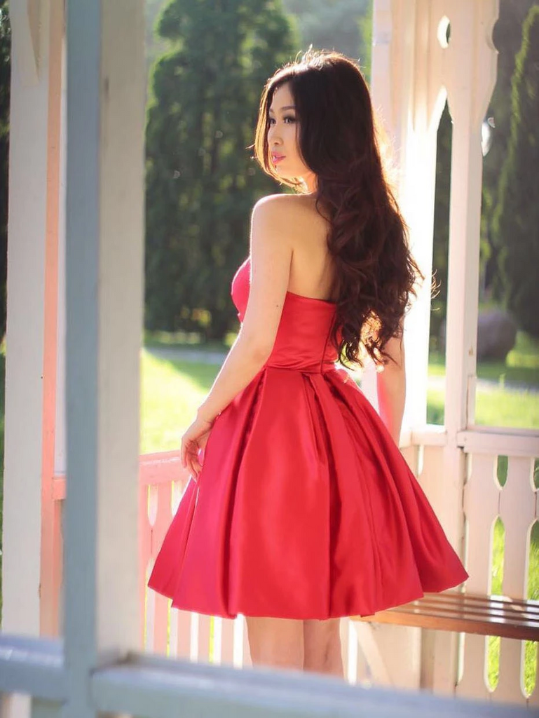 Red Elegant Simple Sweetheart Neck Short Satin Pron Dresses, Red Short morievent Red Elegant Simple Sweetheart Neck Short Satin Pron Dresses, Red Short morievent