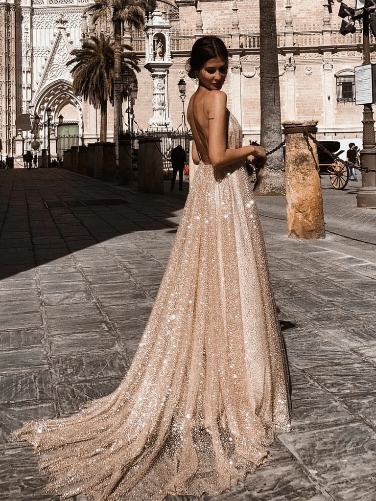 A Line V Neck Backless Champagne Long Sparkling Prom Dresses, Champagn morievent A Line V Neck Backless Champagne Long Sparkling Prom Dresses, Champagn morievent