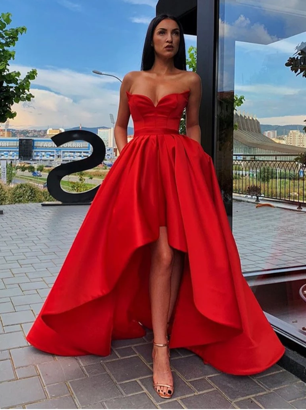 Strapless Sweetheart Neck High Low Red Long Prom Dresses, High Low Red Formal Dresses, Red Strapless Evening Dresses