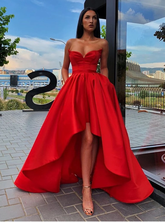 Strapless Sweetheart Neck High Low Red Long Prom Dresses, High Low Red morievent Strapless Sweetheart Neck High Low Red Long Prom Dresses, High Low Red morievent