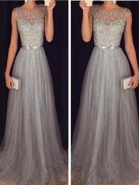 Custom Made A Line Round Neck Sleeveless Grey Prom Dresses With Sweep Train, Grey Formal Dresses