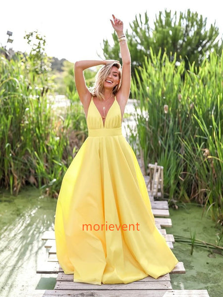 A Line V Neck Yellow Satin Long Prom Dresses, Yellow Long Evening Dresses, Backless Formal Dresses