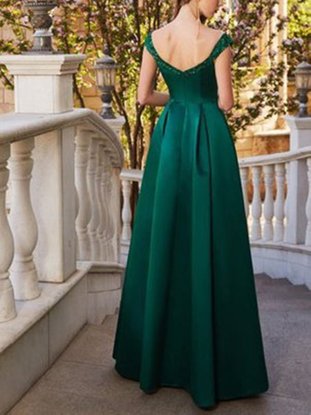 Emerald Green Off The Shoulder Satin A Line Floor Length Prom Dress, Emerald Green Off The Shoulder Evening Dress