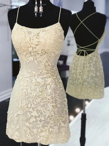 Short Yellow Backless Lace Prom Dresses, Short Open Back Lace Formal Homecoming Graduation Dresses