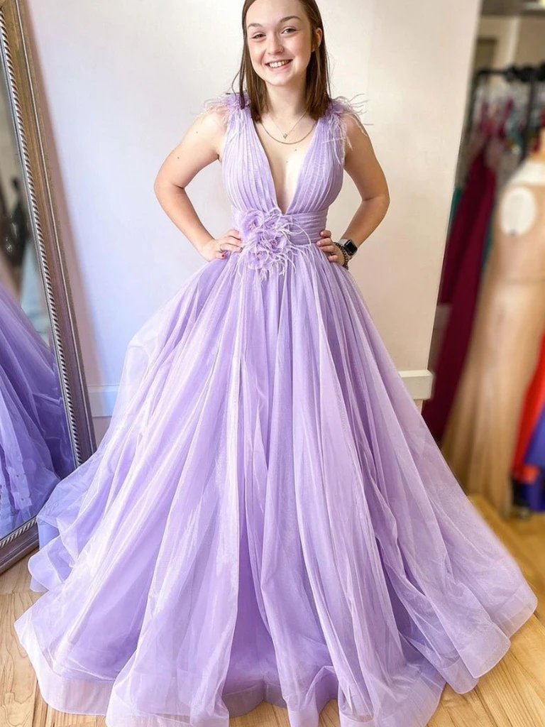 V Neck Purple Tulle Floral Prom Dresses, V Neck Purple Tulle Formal Evening Dresses