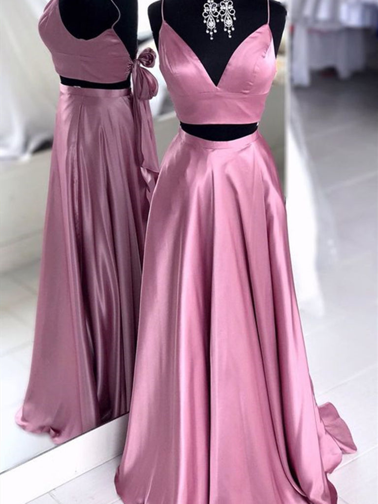 V Neck Pink 2 Pieces Satin Long Prom Dresses, V Neck Pink Two Pieces Satin Long Formal Evening Dresses