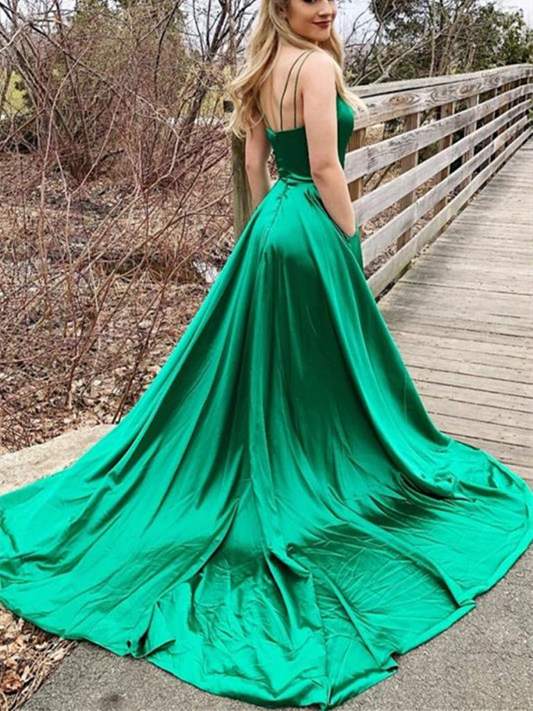 V Neck Backless Green Satin Long Prom Dresses 2020 with Leg Slit, Open morievent V Neck Backless Green Satin Long Prom Dresses 2020 with Leg Slit, Open morievent