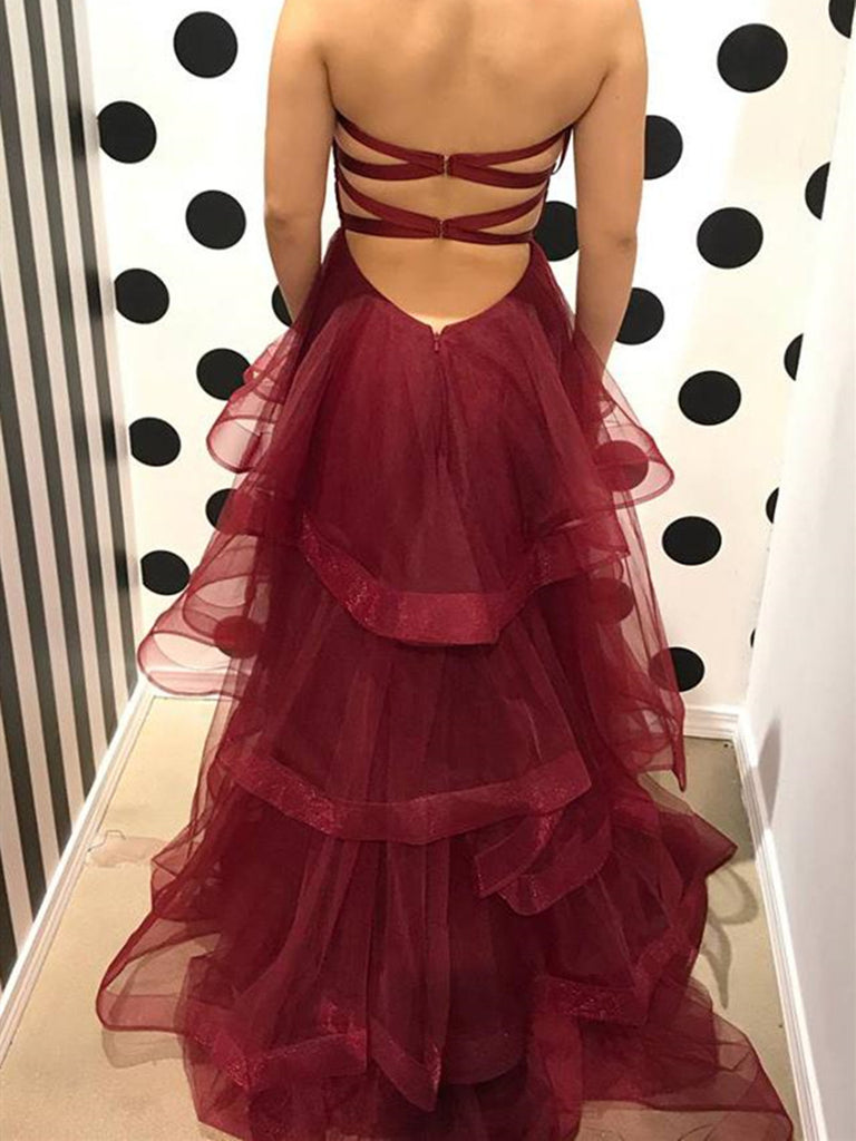 Burgundy Sweetheart Puffy Pleated Ruffles Long Prom DressesBurgundy F morievent Burgundy Sweetheart Puffy Pleated Ruffles Long Prom DressesBurgundy F morievent