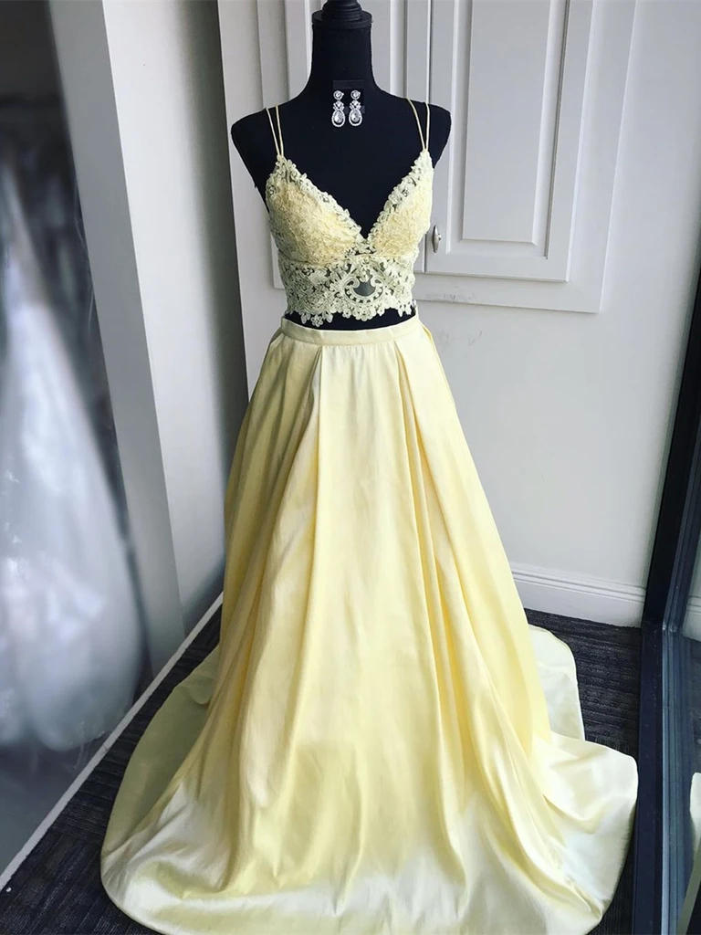 V Neck Two Pieces Yellow Lace Long Prom Dresses, 2 Pieces Yellow Lace Formal Graduation Evening Dresses