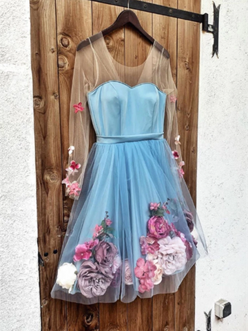 Blue Long Sleeves Short Prom Dresses ,Blue Short  Homecoming Dress With 3 D Appliques