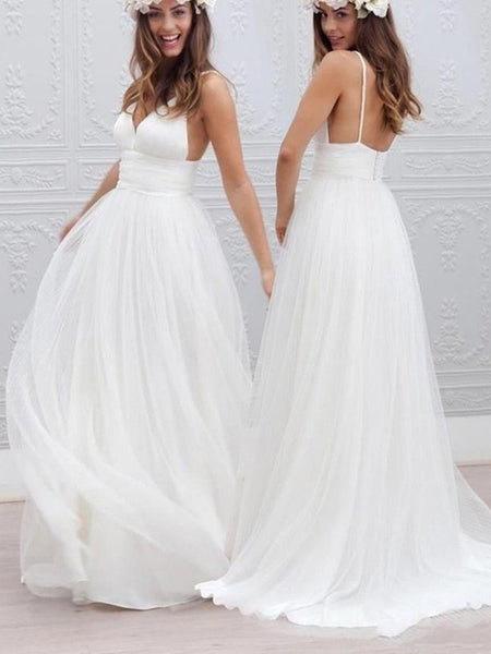 V neck white backless long wedding dresses,  White backless prom dresses