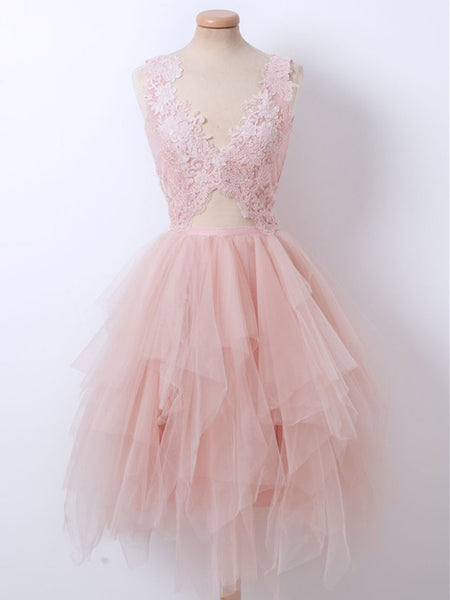 V Neck Pink Tulle Short Prom Dress, V Neck Pink Tulle Short Party Dress, Evening Graduation Homecoming Dress