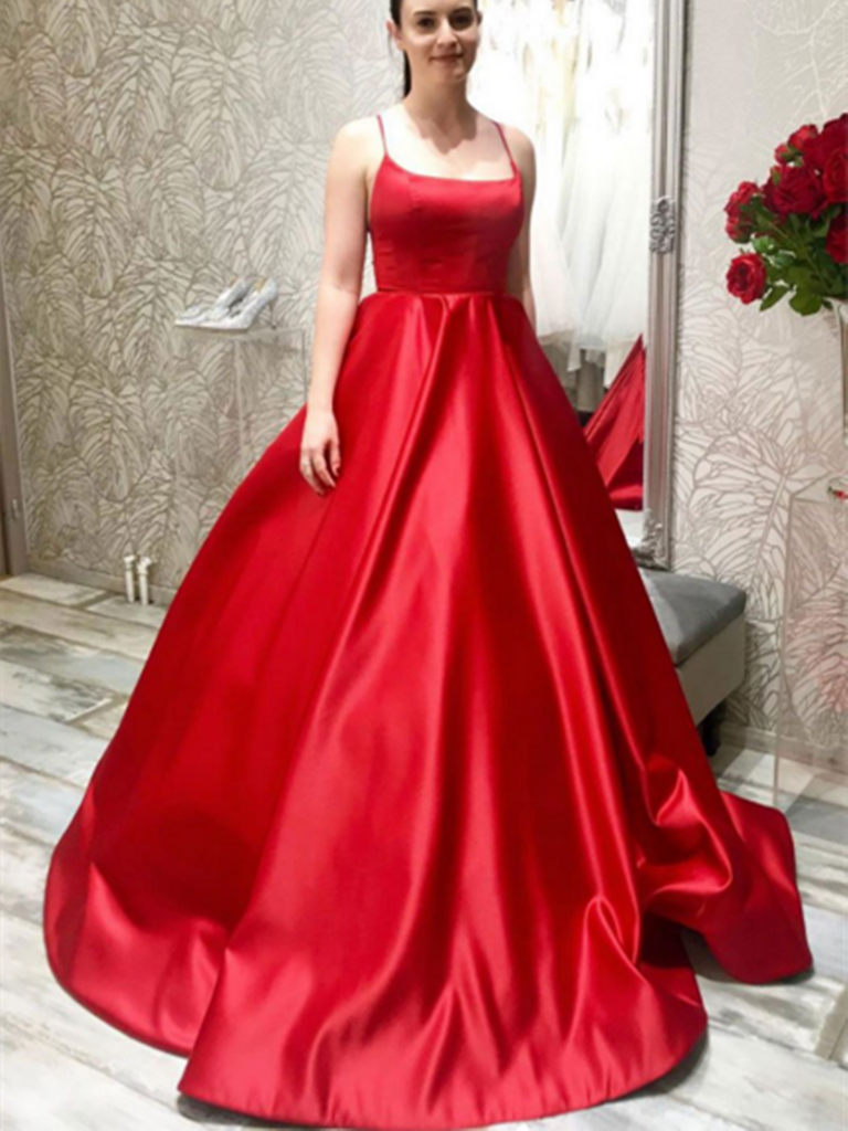 simple red silk dress Simple Red A-line V Neckline Side Slit Long Prom Dress with Sweep Train, MP350