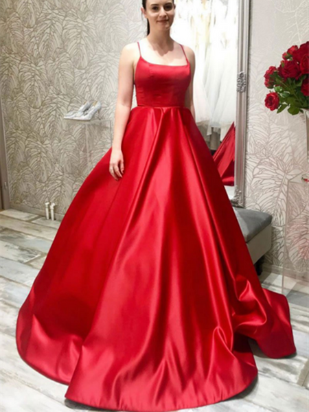 Simple Red Satin Long Prom Dress ,Red Backless Evening Dress