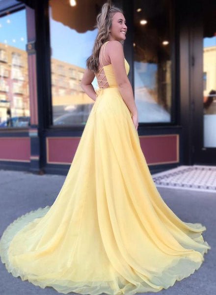 A Line Yellow  Long Prom Dresses With Spaghetti Straps,Yellow Chiffon Formal Dresses, Yellow Sweep Train Evening Dresses