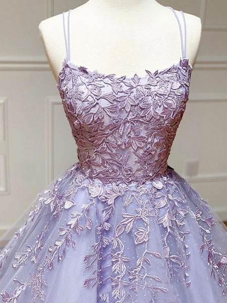 Backless Purple Lace Long Prom Dresses, Open Back  Purple Lilac Lace Formal Graduation Evening Dresses