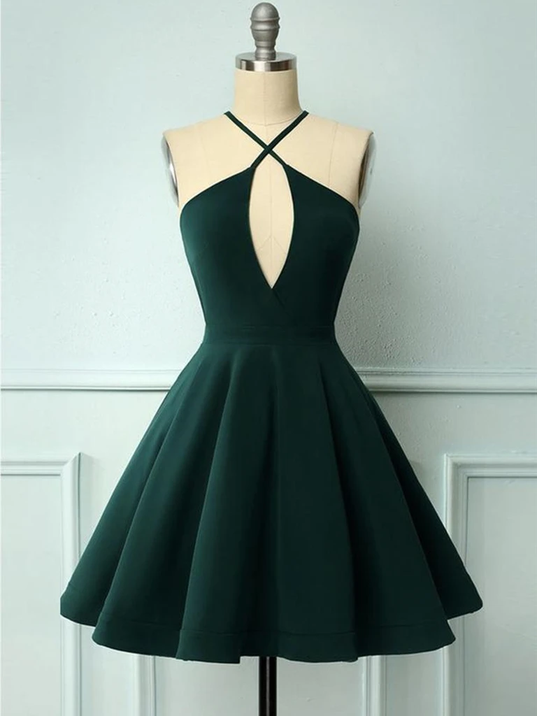Halter Neck Short Dark Green Prom Dresses, Short Dark Green Formal Gra morievent Halter Neck Short Dark Green Prom Dresses, Short Dark Green Formal Gra morievent