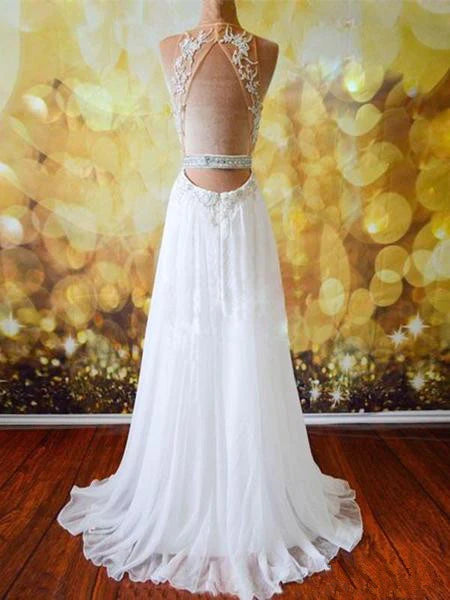 Custom Made A Line Open Back Long Prom Dresses with Lace Appliques, Backless Formal Dresses