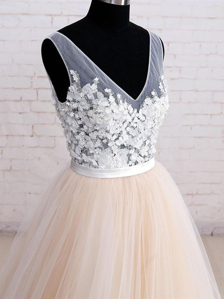 V Neck White And Champagne Tulle Floral Ball Gown Prom Dress, White And Champagne Formal Evening Dress