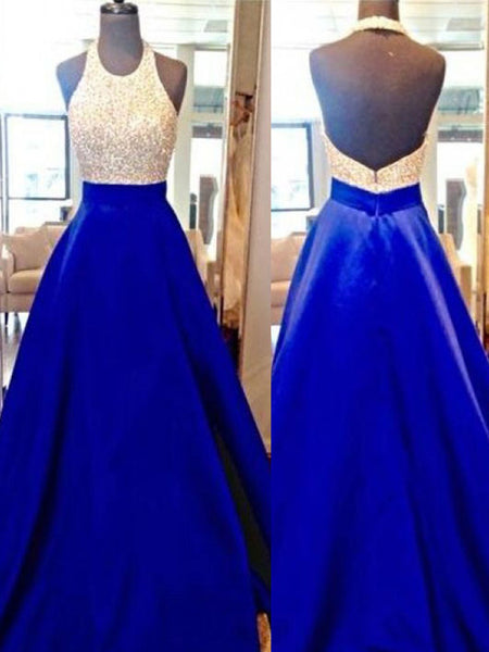 Custom Made A Line Halter Neck Sleeveless Long Satin Prom Dress With Beaded