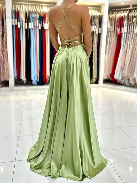 Simple A Line Green Backless Satin Long Prom Dresses, Open Back Green Long Formal Evening Dresses