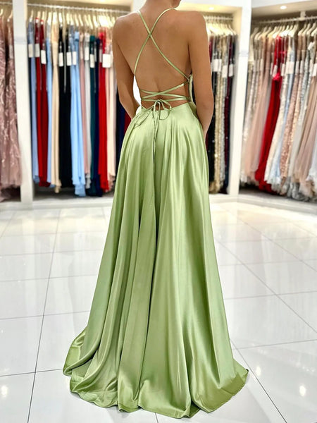 Simple A Line Green Backless Satin Long Prom Dresses, Open Back Green Long Formal Evening Dresses