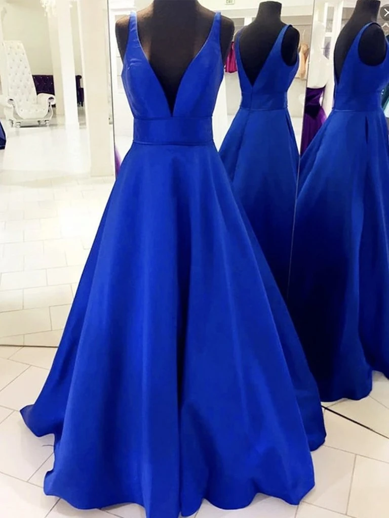 Simple V Neck Royal Blue Satin Long Prom Dresses, Royal Blue Satin Formal Evening Graduation Bridesmaid Dresses