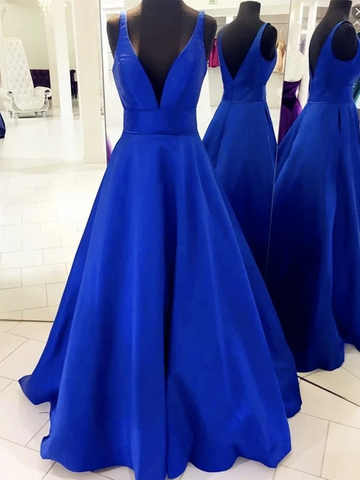 Simple V Neck Royal Blue Satin Long Prom Dresses, Royal Blue Satin Formal Evening Graduation Bridesmaid Dresses