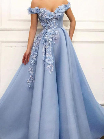 A Line Blue Off Shoulder Flower Appliques Long Satin Prom Dresses,  Blue Off Shoulder Evening Dress