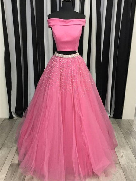 Custom Made Off Shoulder Pink/Sky Blue Prom Dresses With Beading,Two Piece Pink/Sky Blue Tulle Formal Dresses, Long Two Piece Beading Evening Dresses