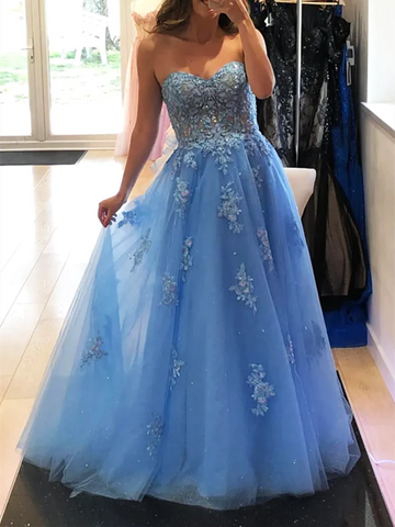 A Line Blue Tulle Lace Prom Dresses, A Line Blue Tulle Lace Formal Evening Dresses