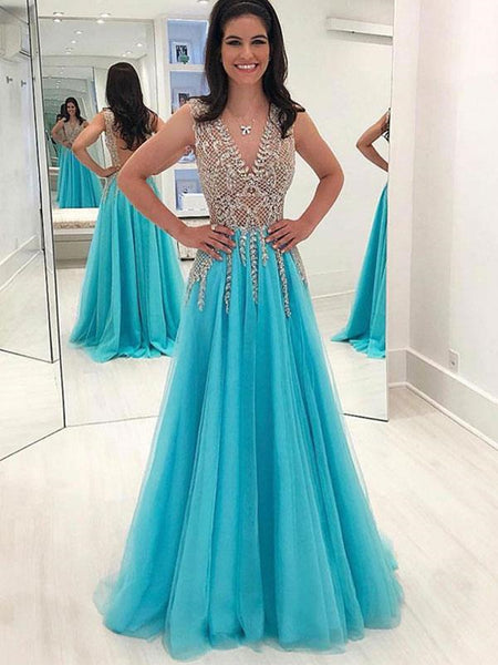 V neck blue tulle  long prom dress with beaded, Blue beaded formal evening dress