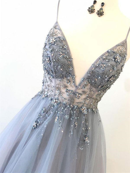 V Neck Gray Tulle Beads Long Prom Dress, Gray Tulle Beads Evening Dress