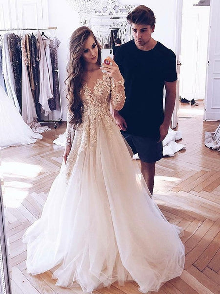 Champagne Lace Appliques Tulle Long Prom Dresses With Long Sleeves, Champagne Lace Wedding Dresses