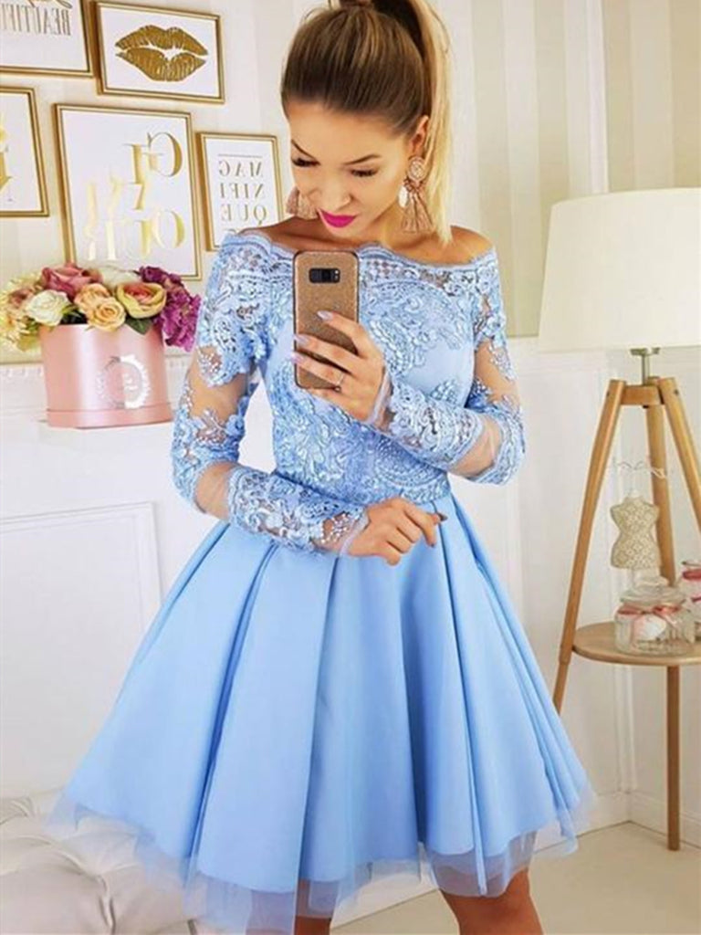 Cute Long Sleeves Blue Tulle Lace Short Prom Dress, Long Sleeves Blue Tulle Lace Short Homecoming Dress Cute Long Sleeves Blue Tulle Lace Short Prom Dress, Long Sleeves Blue Tulle Lace Short Homecoming Dress