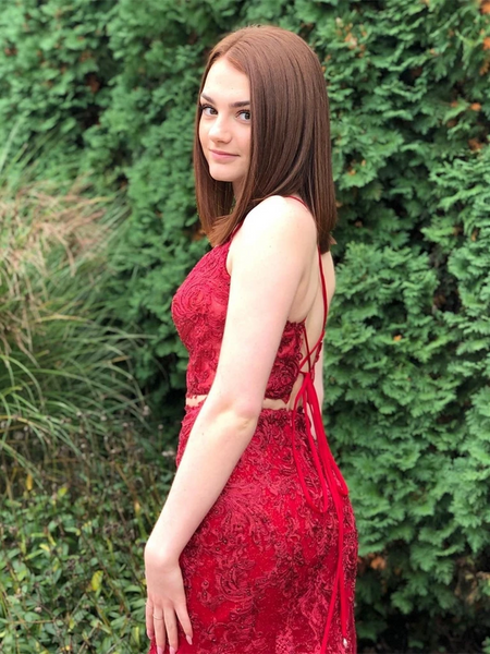 Two Pieces Mermaid Lace Long Burgundy Prom Dresses, 2 Pieces Burgundy Lace Formal Dresses, Mermaid Burgundy Lace Evening Dresses