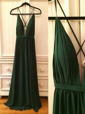 V Neck Green Backless Long Prom Dresses, V Neck Green Backless Long Formal Evening Dresses