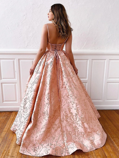 V Neck Pink Lace Prom Dresses, Pink Lace Backless Prom Formal Evening Dresses